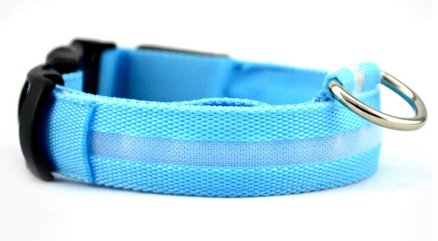 Collar LED recargable USB para perro de nailon — detalle del cierre y la anilla en color azul sobre fondo blanco.