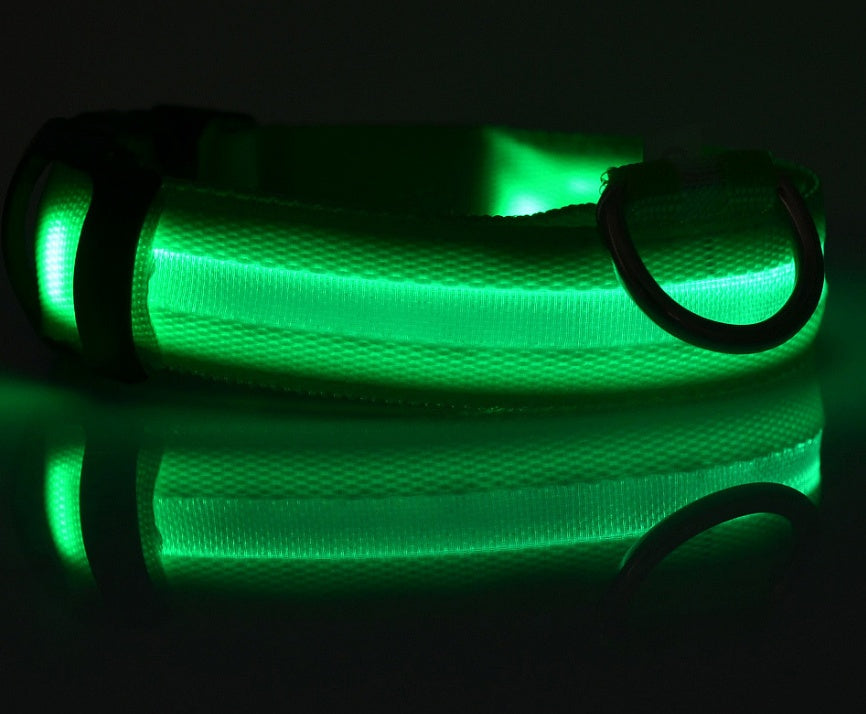 Detalle del collar LED recargable USB para perro de nailon — luz verde y textura del tejido en ambiente oscuro.