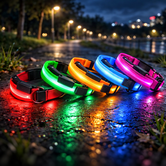 Collares LED recargables USB para perro de nailon (4 modos) sobre suelo húmedo en parque urbano nocturno, con reflejos de luz.