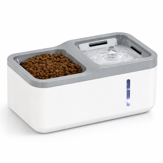 Estación 2-en-1 para gatos con fuente 2,8 L y comedero, alimentación USB 5V, vista frontal.