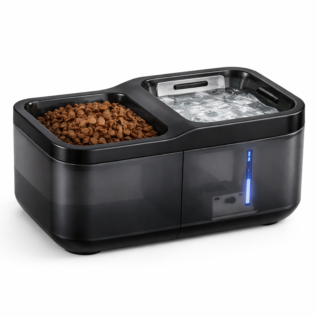 Estación 2-en-1 para gatos con fuente 2,8 L y comedero, color negro, alimentación USB 5V.
