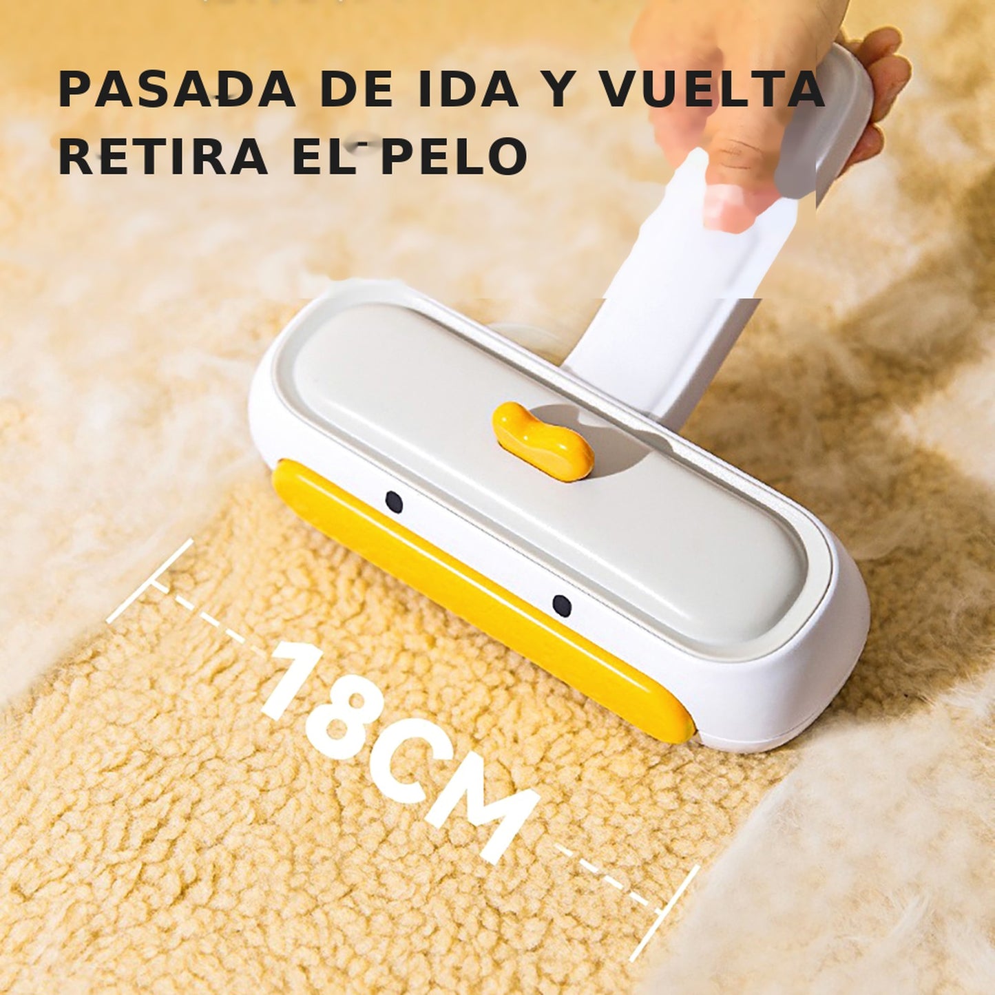 Rodillo quitapelos reutilizable en uso, ancho 18 cm, color amarillo
