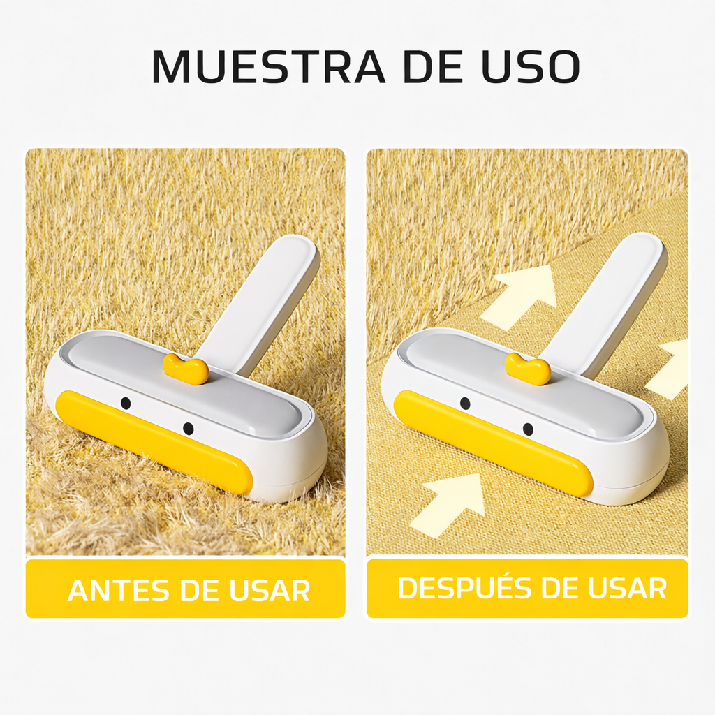 Antes y después del uso del rodillo quitapelos reutilizable en alfombra