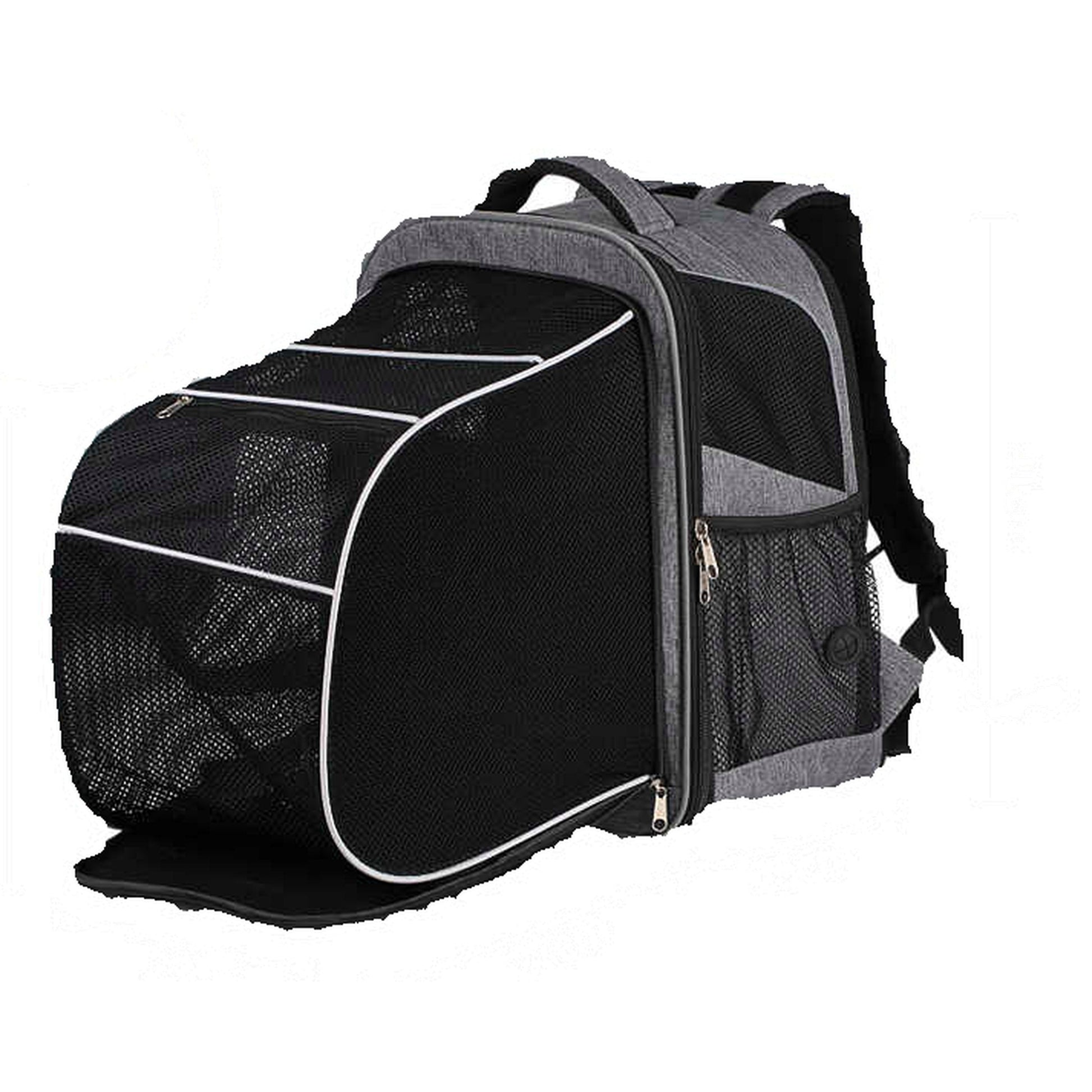 Mochila transportín TravelBubble, color gris, versión expansible con panel frontal de malla, vista 3/4