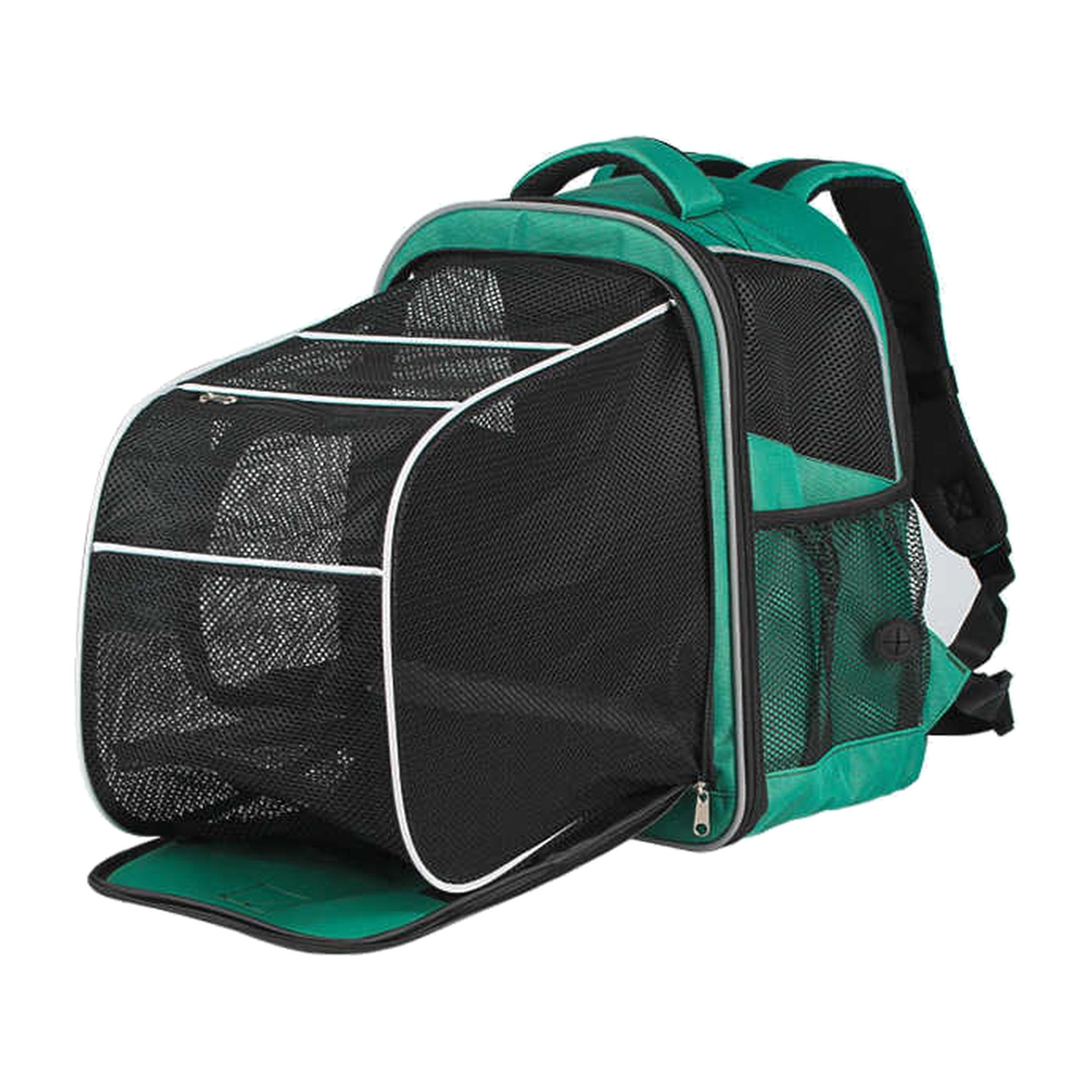 Mochila transportín TravelBubble, color verde, versión expansible con panel frontal de malla, vista 3/4.