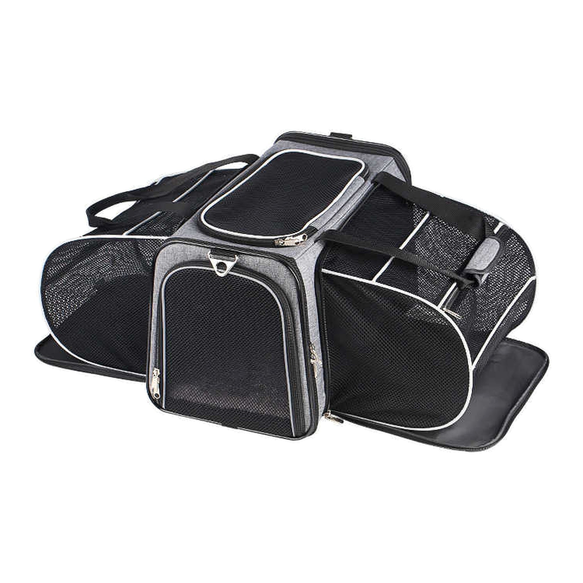 Transportín TravelBubble, color gris, versión expandida con dos laterales abiertos de malla, vista frontal.