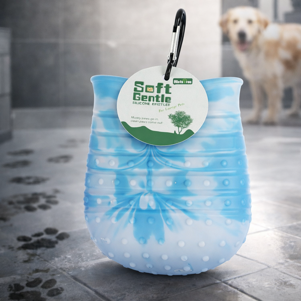 Vaso limpiapatas 2 en 1 de silicona con mosquetón, color azul claro.