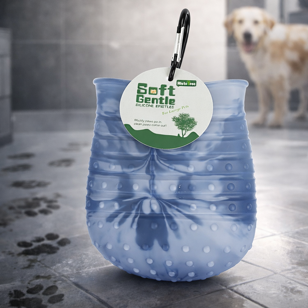 Vaso limpiapatas 2 en 1 de silicona con mosquetón, color azul marino