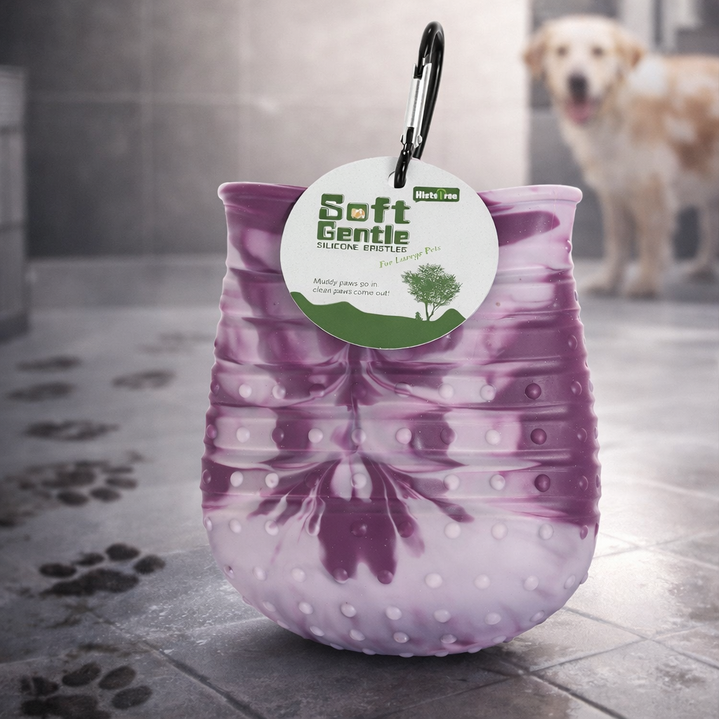 Vaso limpiapatas 2 en 1 de silicona con mosquetón, color morado.