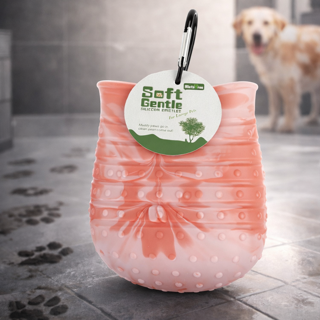 Vaso limpiapatas 2 en 1 de silicona con mosquetón, color rosa.