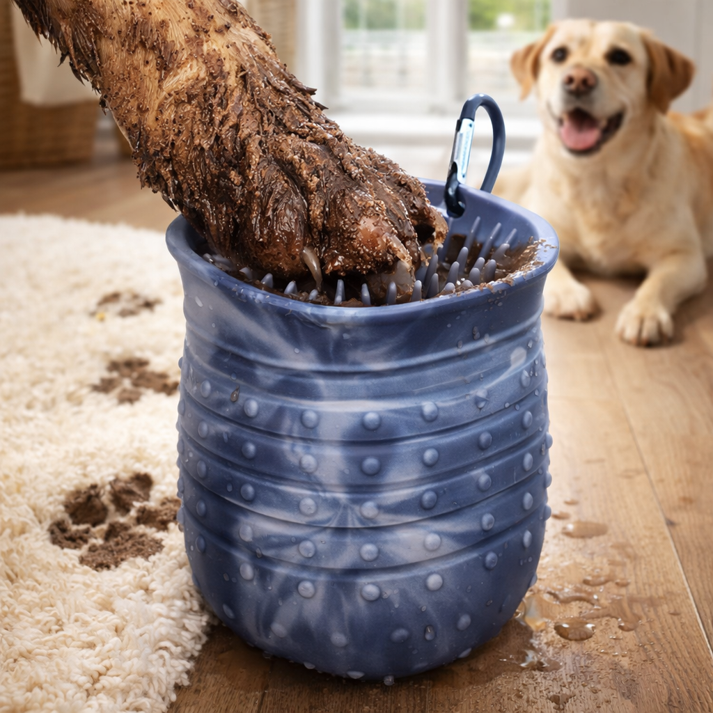 Uso del vaso limpiapatas 2 en 1 con una pata con barro, limpieza con agua.