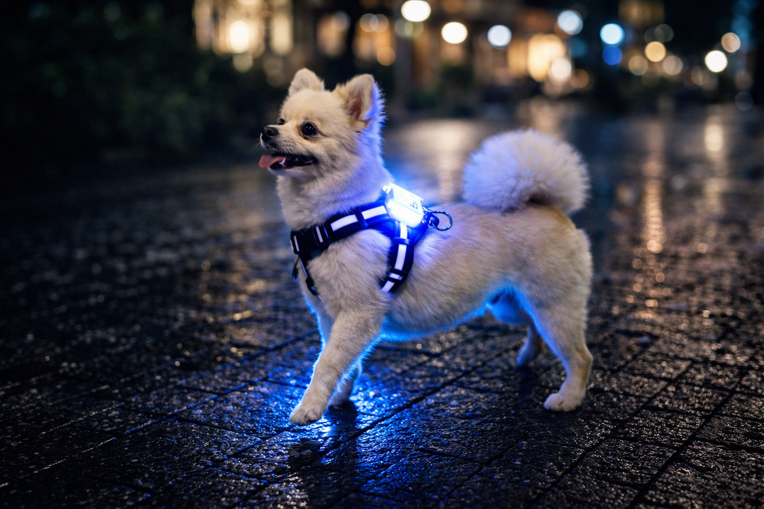 Perro pequeño usando un arnés luminoso LED azul de alta visibilidad durante un paseo nocturno por la ciudad.