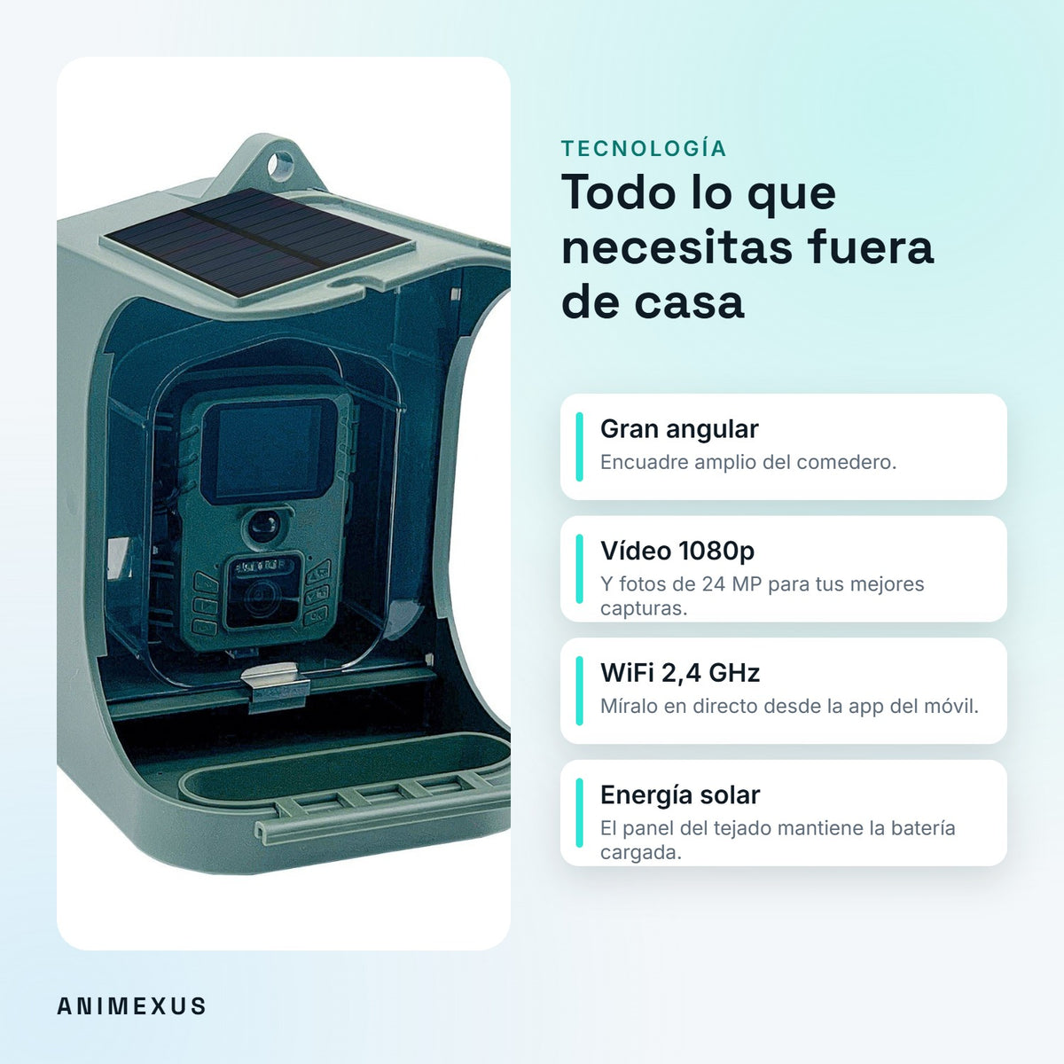 Tecnología de BirdView: cámara gran angular, vídeo 1080p y fotos de 24 MP, WiFi 2,4 GHz y carga solar