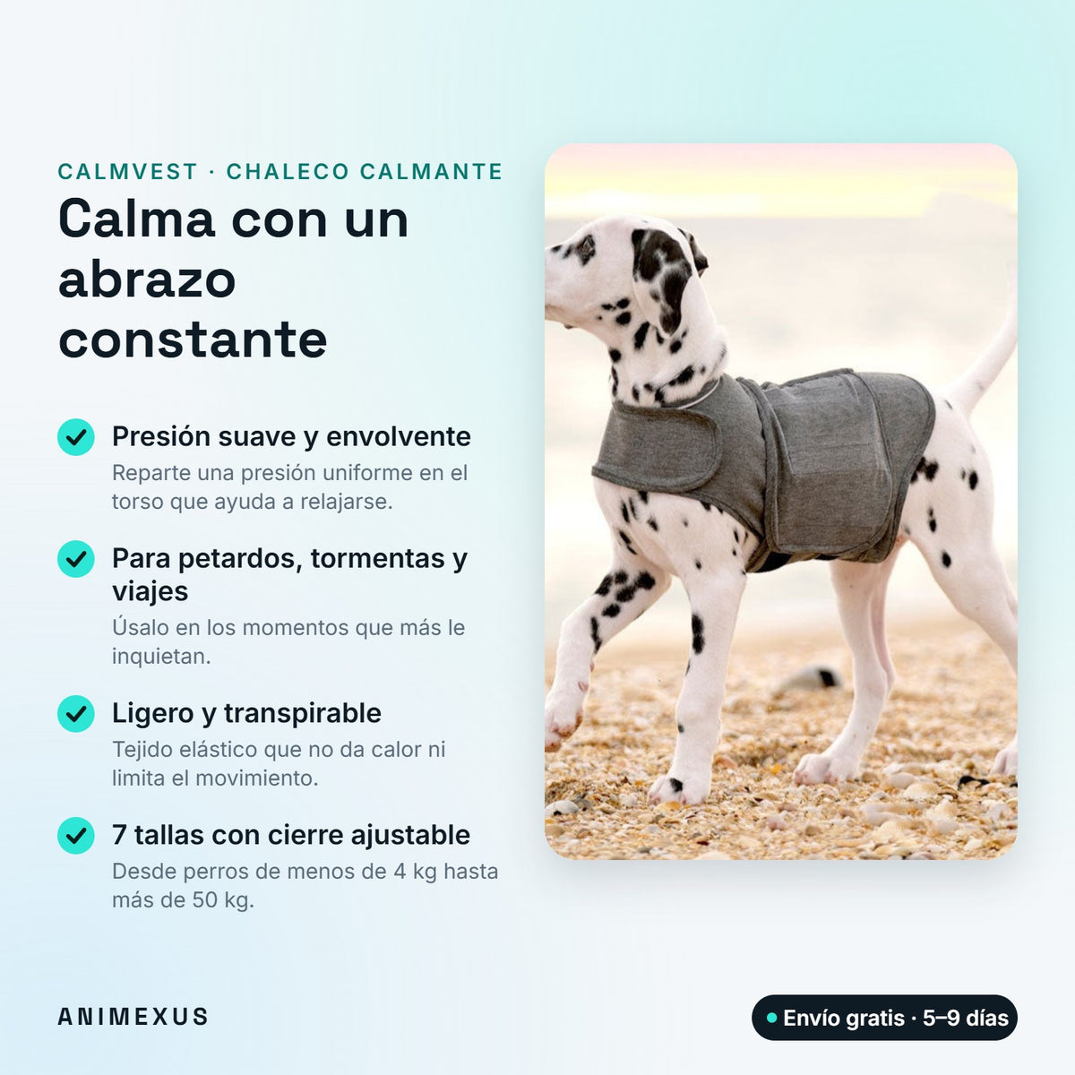 CalmVest, chaleco calmante para perros: presión suave, ideal para petardos, tormentas y viajes, tejido transpirable y 7 tallas