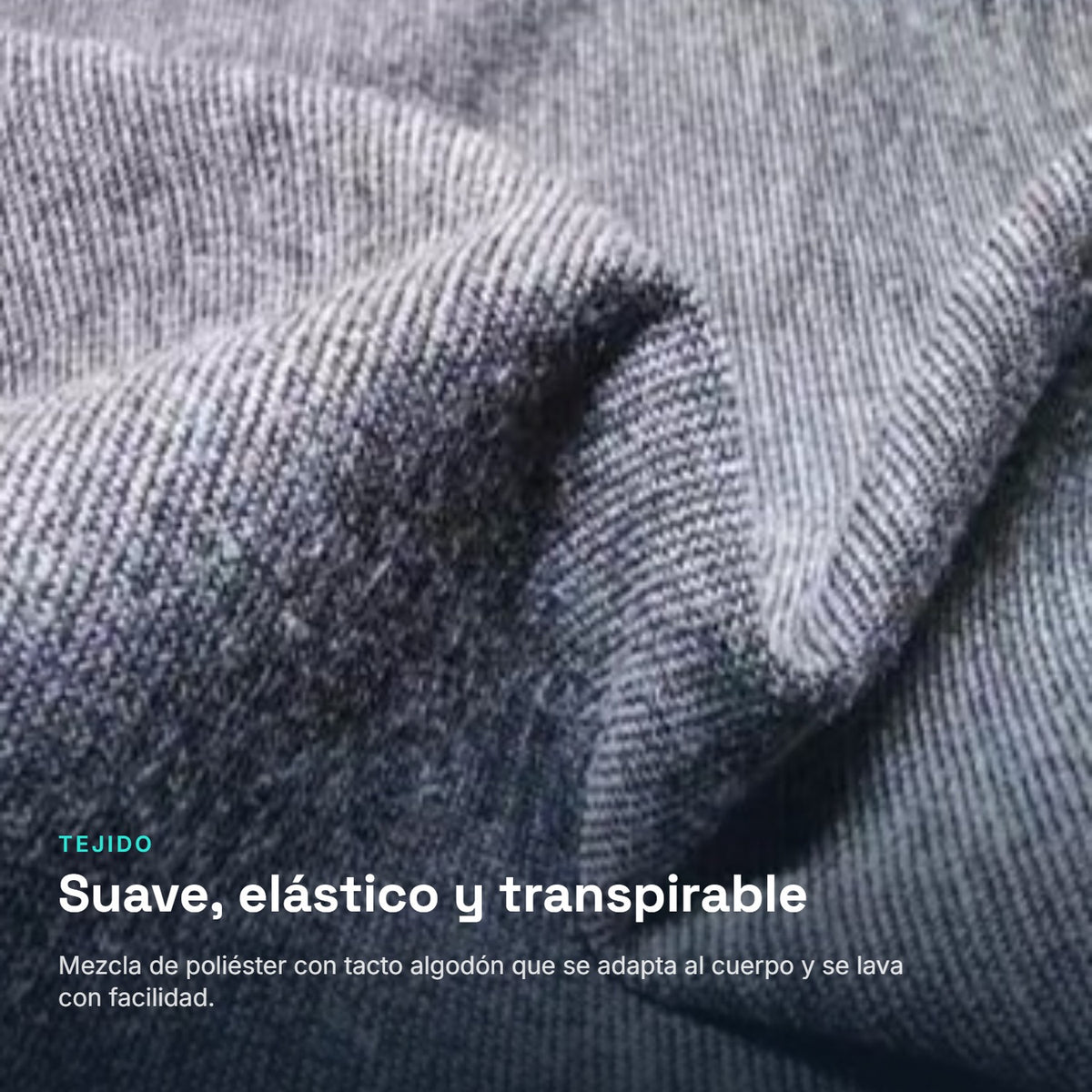 Detalle del tejido gris suave, elástico y transpirable del chaleco calmante CalmVest