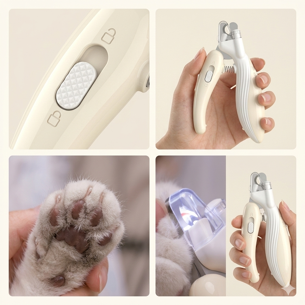 Collage fotográfico que destaca los detalles del cortaúñas TrimLight Pro: botón de bloqueo, agarre en mano, almohadillas de un gato y demostración de uso con la cubierta de luz.
