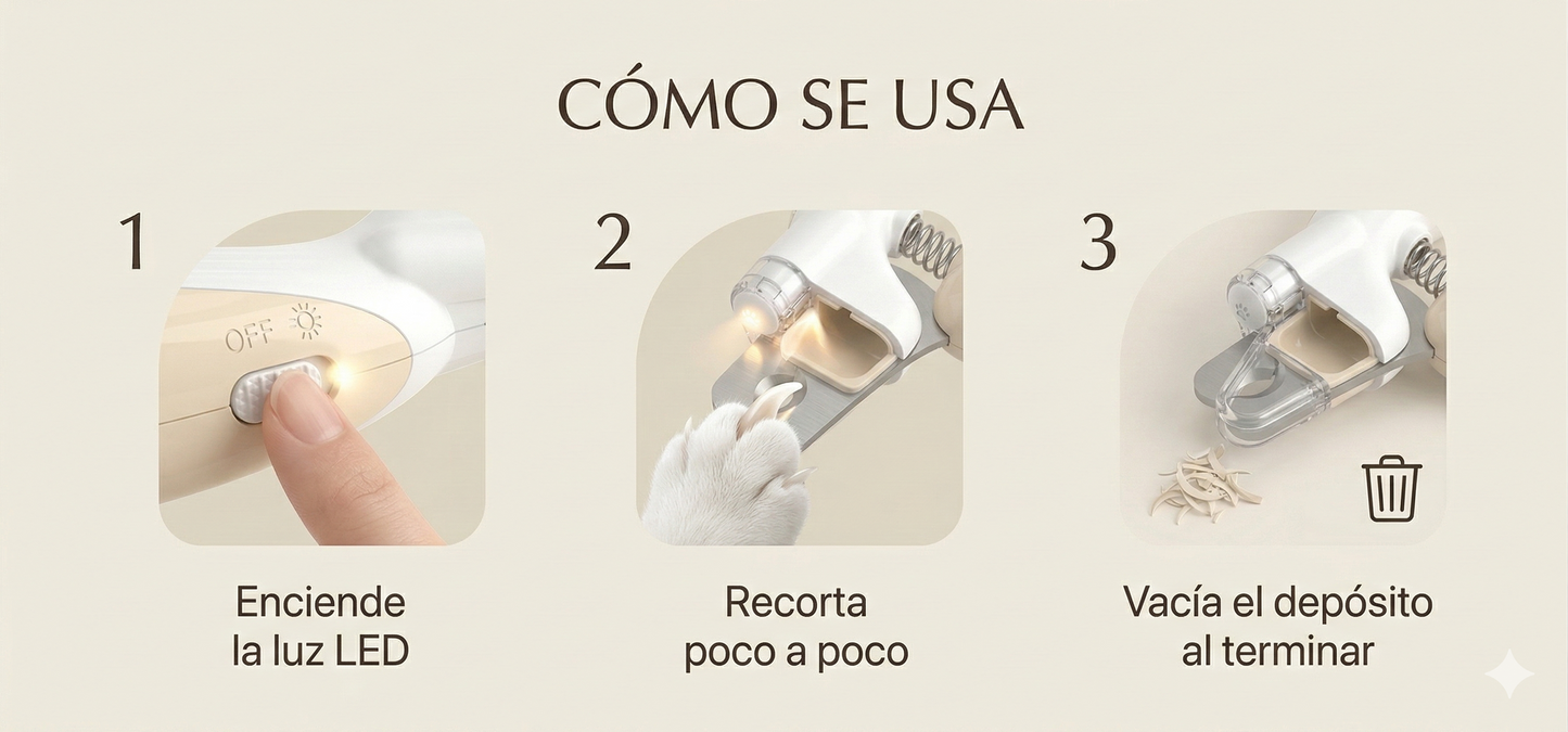 Infografía de tres pasos para usar el cortaúñas TrimLight Pro: 1. Enciende la luz LED. 2. Recorta poco a poco. 3. Vacía el depósito al terminar.