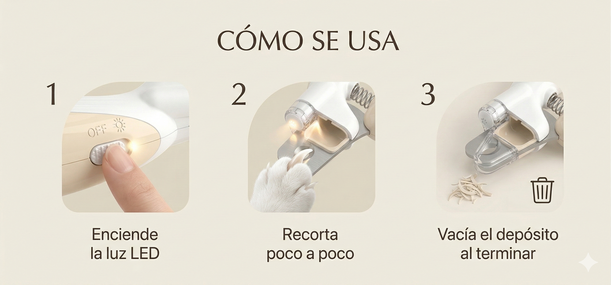 Infografía de tres pasos para usar el cortaúñas TrimLight Pro: 1. Enciende la luz LED. 2. Recorta poco a poco. 3. Vacía el depósito al terminar.