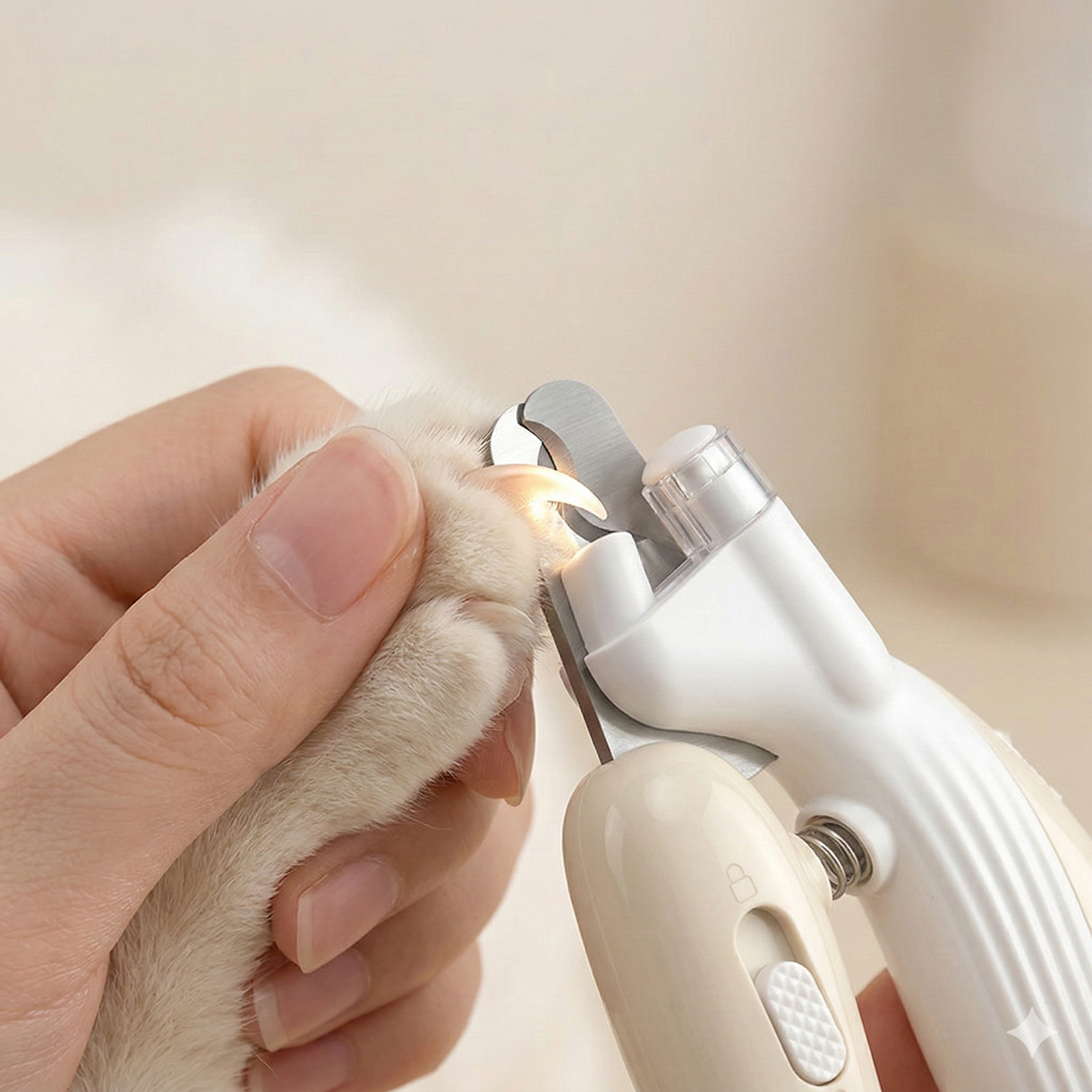 Primer plano cortando la uña de un gato con el TrimLight Pro. La luz LED integrada ilumina la base de la uña para garantizar un corte seguro y preciso.