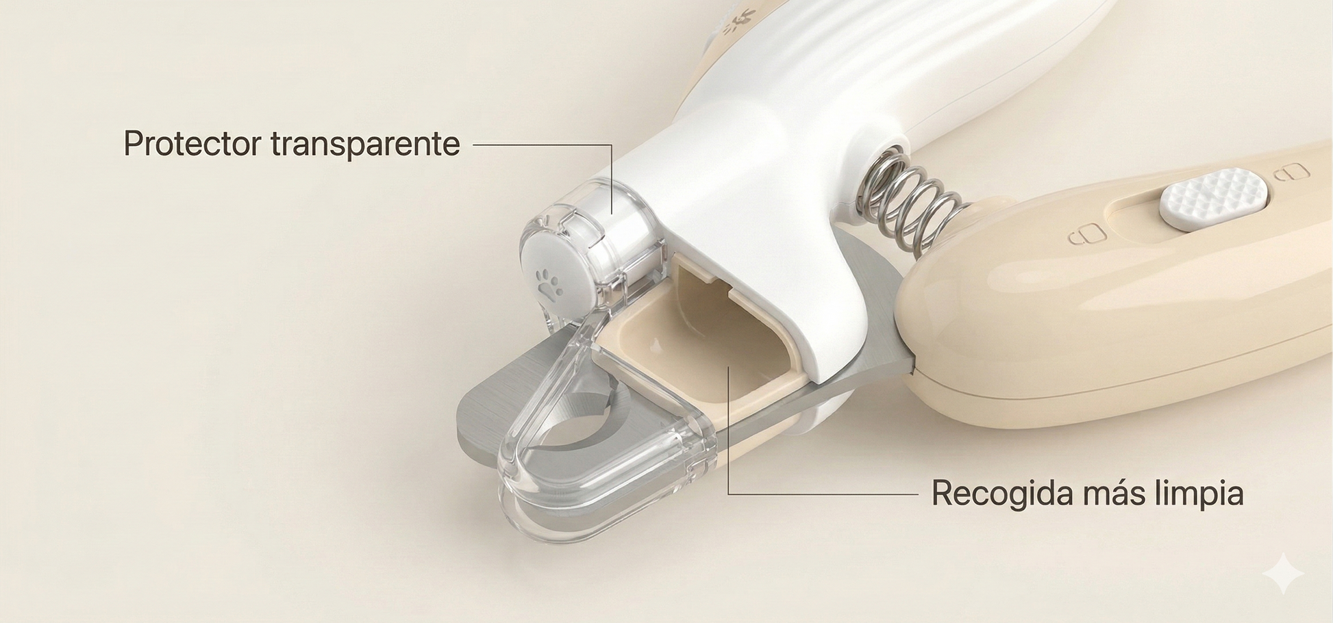 Cabezal del cortaúñas TrimLight Pro con el protector transparente abierto, mostrando el depósito diseñado para una recogida más limpia de los recortes de uñas.