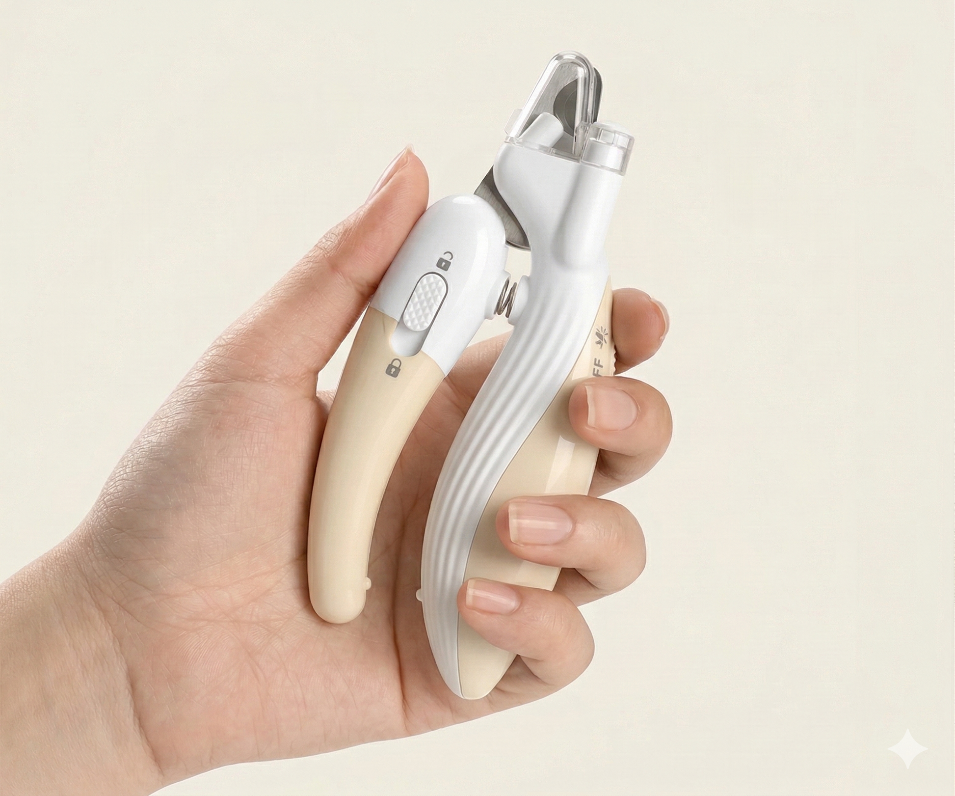 Mano sosteniendo el cortaúñas TrimLight Pro para mostrar su tamaño compacto y su mango curvo antideslizante, diseñado para un agarre ergonómico y seguro.