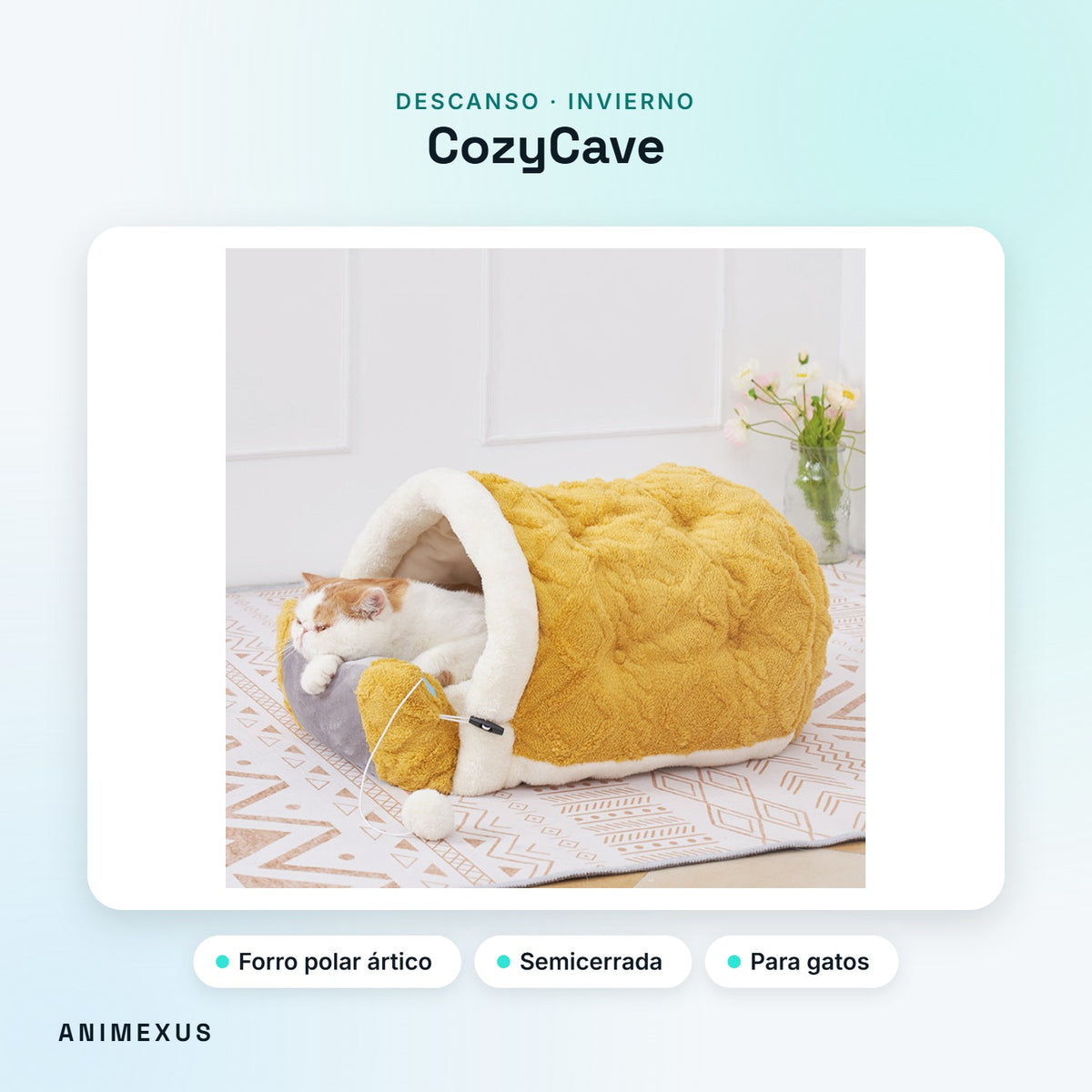 CozyCave, cueva semicerrada de forro polar color mostaza con un gato descansando dentro