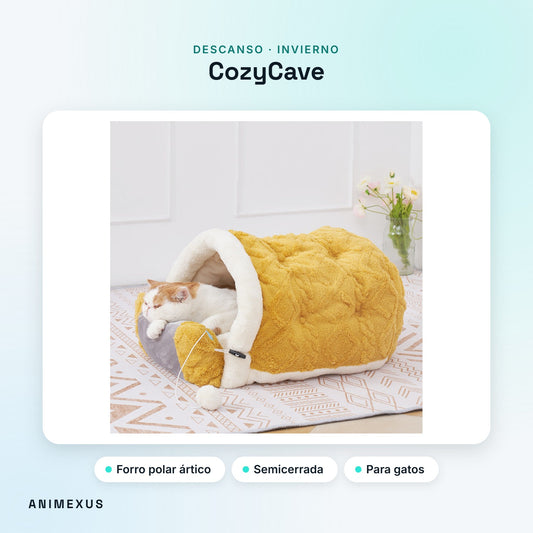 CozyCave, cueva semicerrada de forro polar color mostaza con un gato descansando dentro