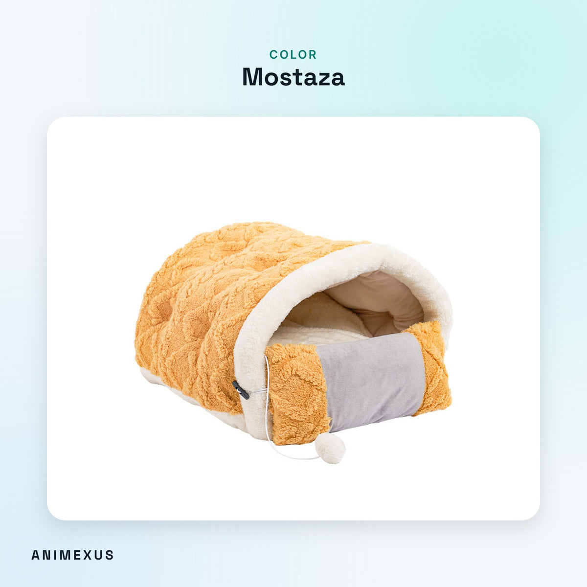 Cueva para gatos CozyCave color mostaza con borde blanco, cojín gris y pompón colgante