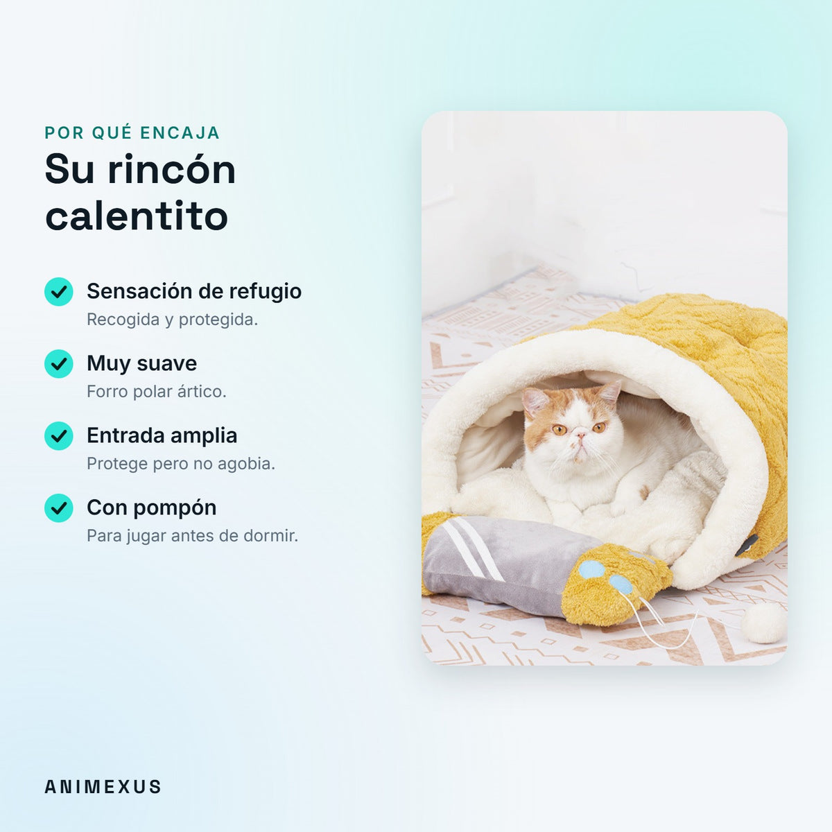 Ventajas de CozyCave: sensación de refugio, muy suave, entrada amplia y pompón para jugar