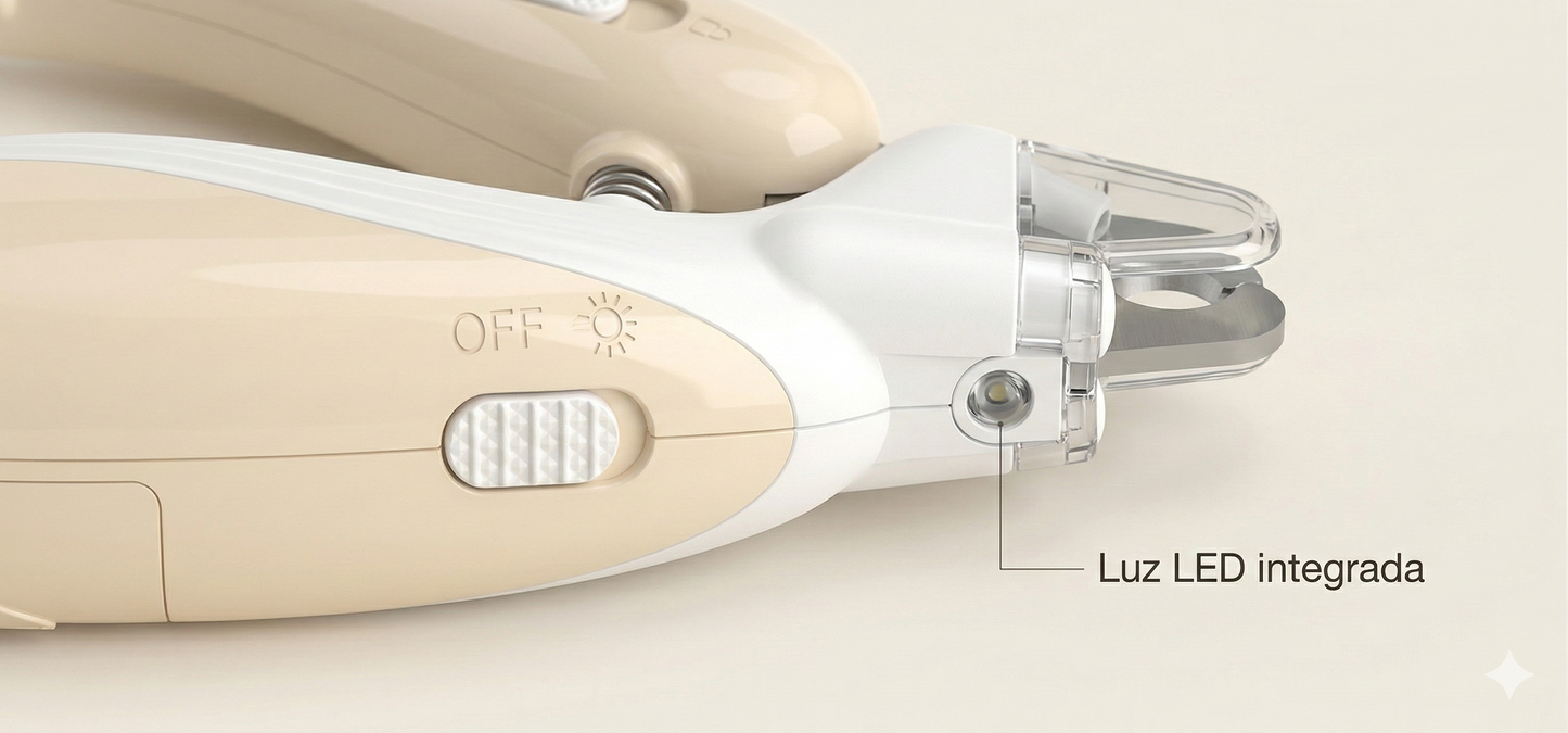 Detalle del botón texturizado de encendido de la luz LED en el cortaúñas TrimLight Pro, con el texto "Luz LED integrada".