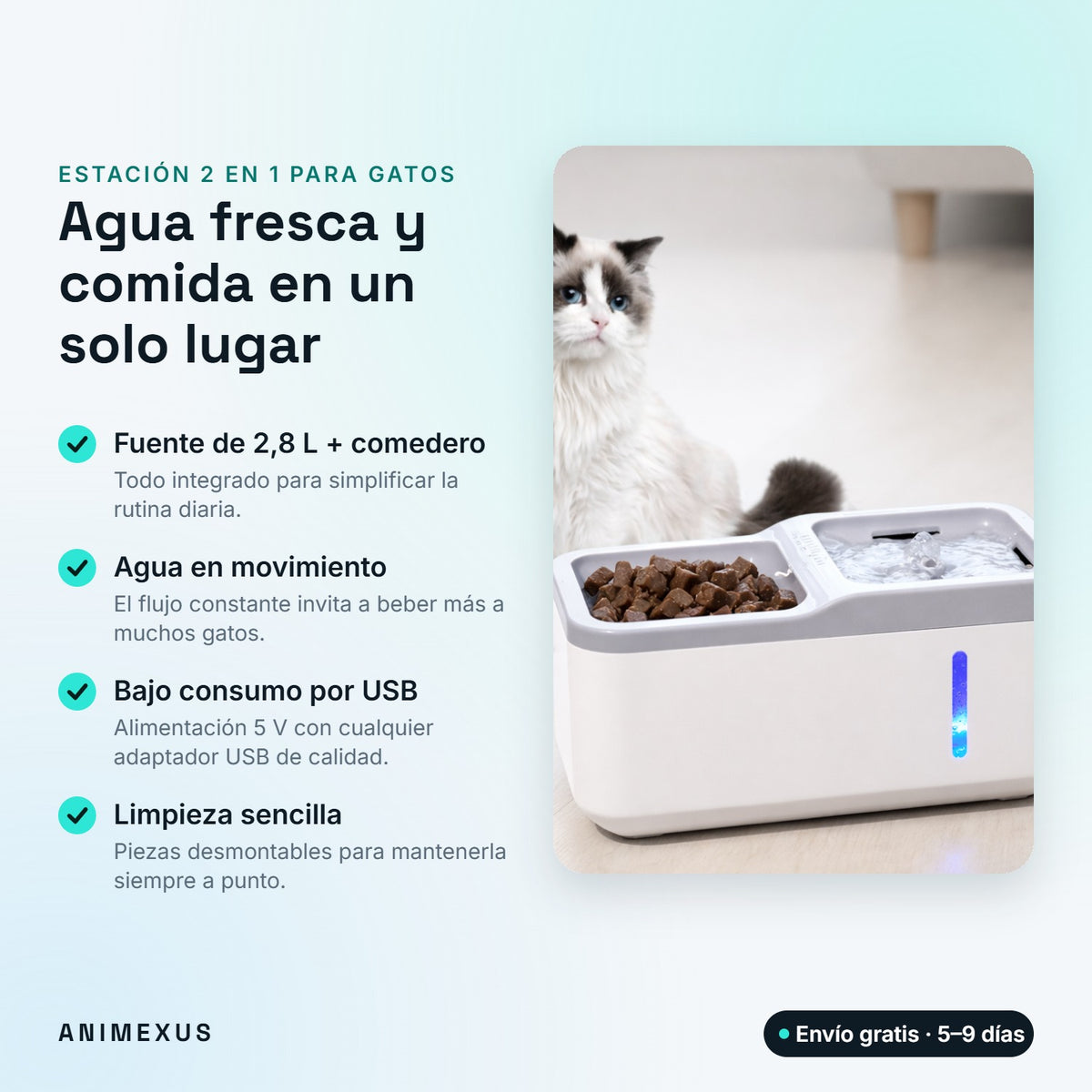 Estación 2 en 1 para gatos: fuente de 2,8 L y comedero, agua en movimiento, bajo consumo USB y limpieza sencilla