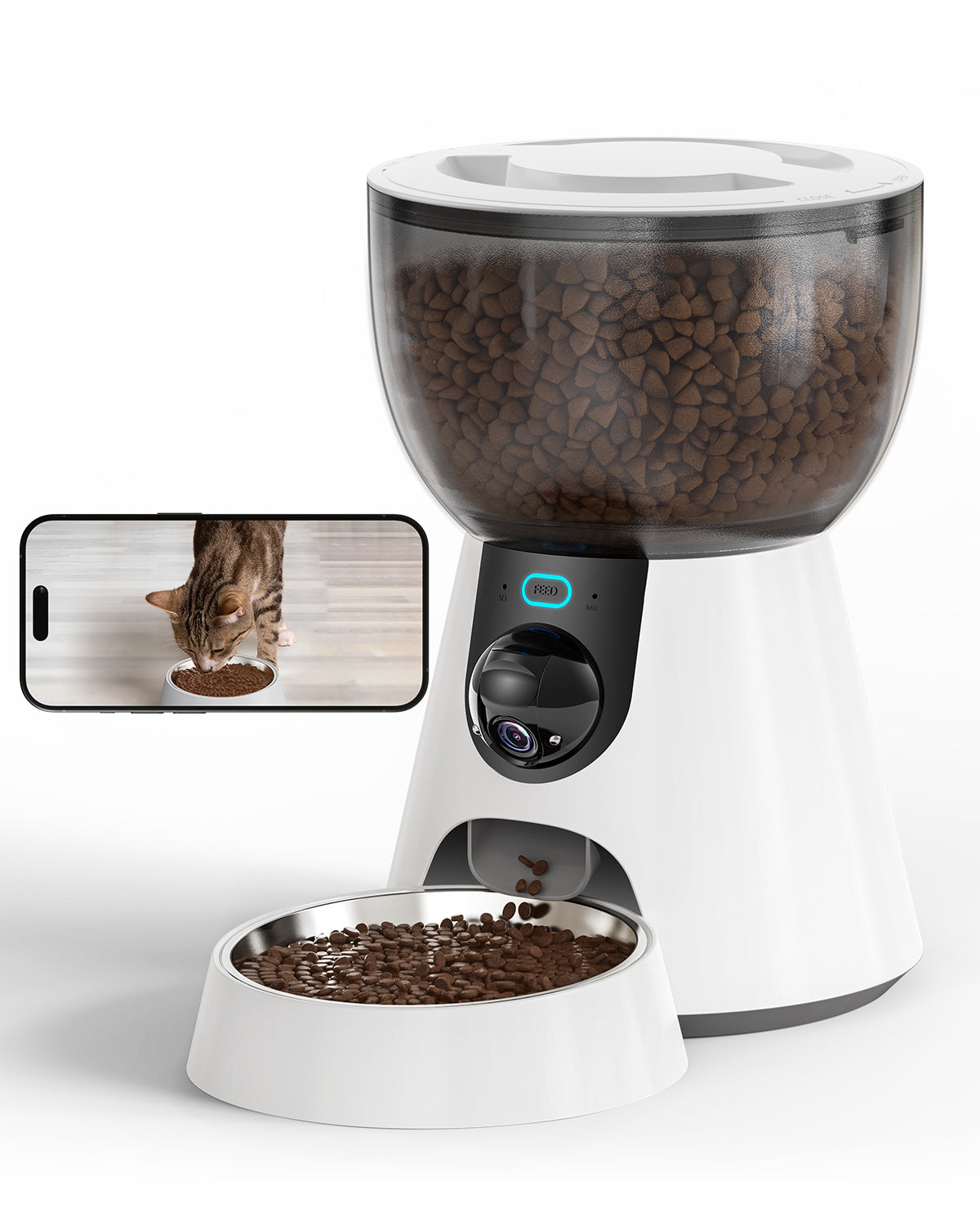 FeederCam Pro: comedero automático para perros y gatos con cámara HD sobre fondo blanco