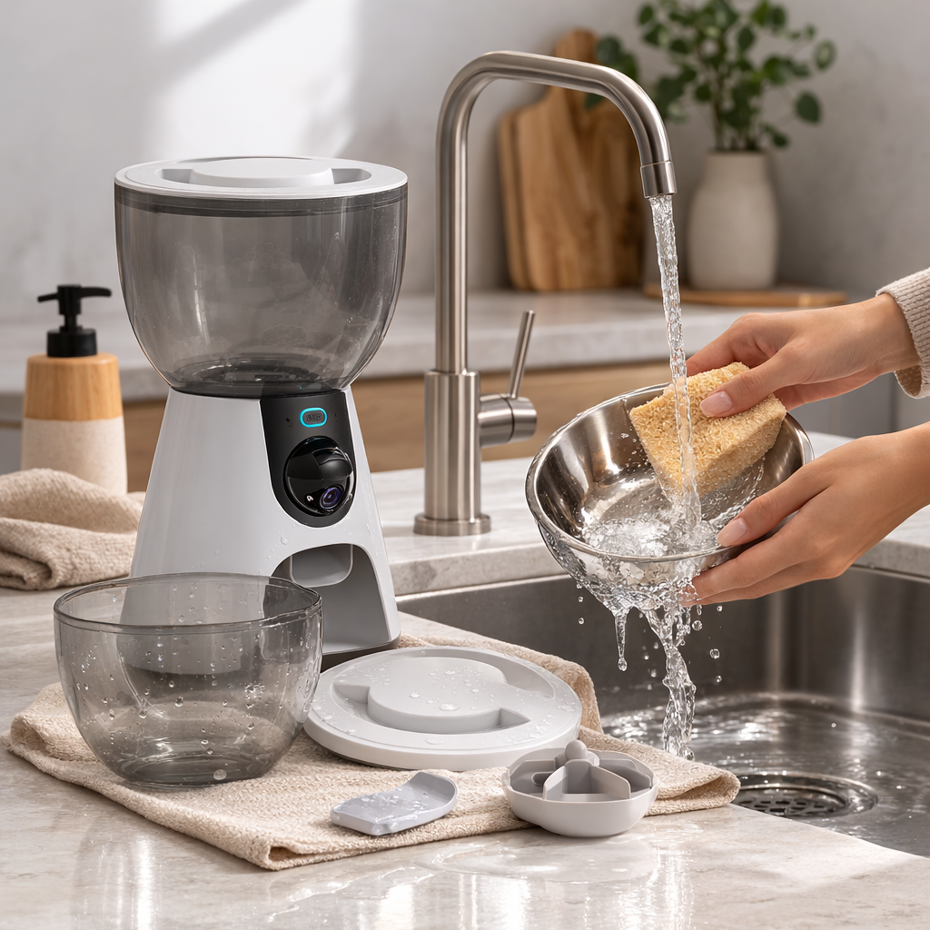 Limpieza del FeederCam Pro: cuenco y piezas extraíbles bajo agua