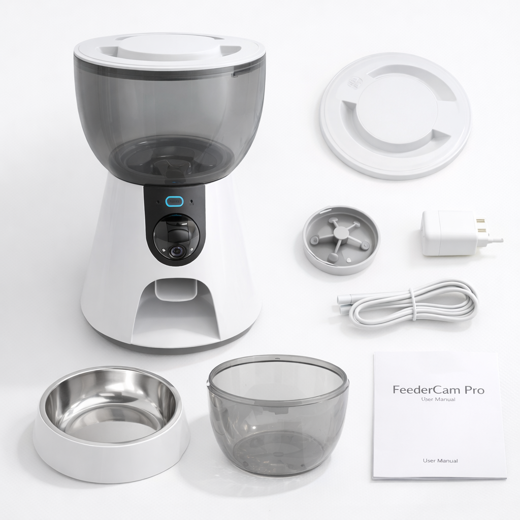 Contenido del FeederCam Pro: comedero, cuenco de acero inoxidable, cable y accesorios