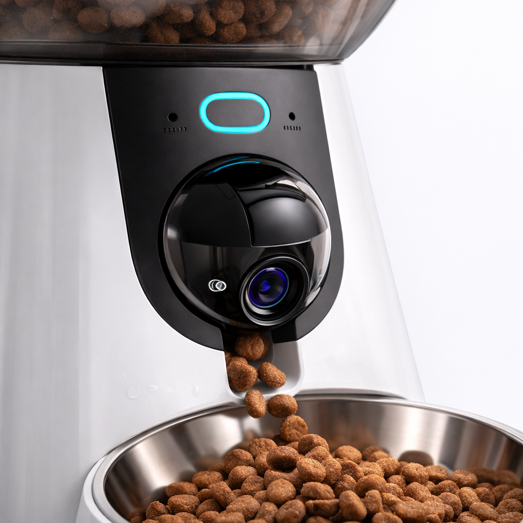 Detalle del FeederCam Pro: cámara integrada y dispensado de pienso en cuenco de acero inoxidable