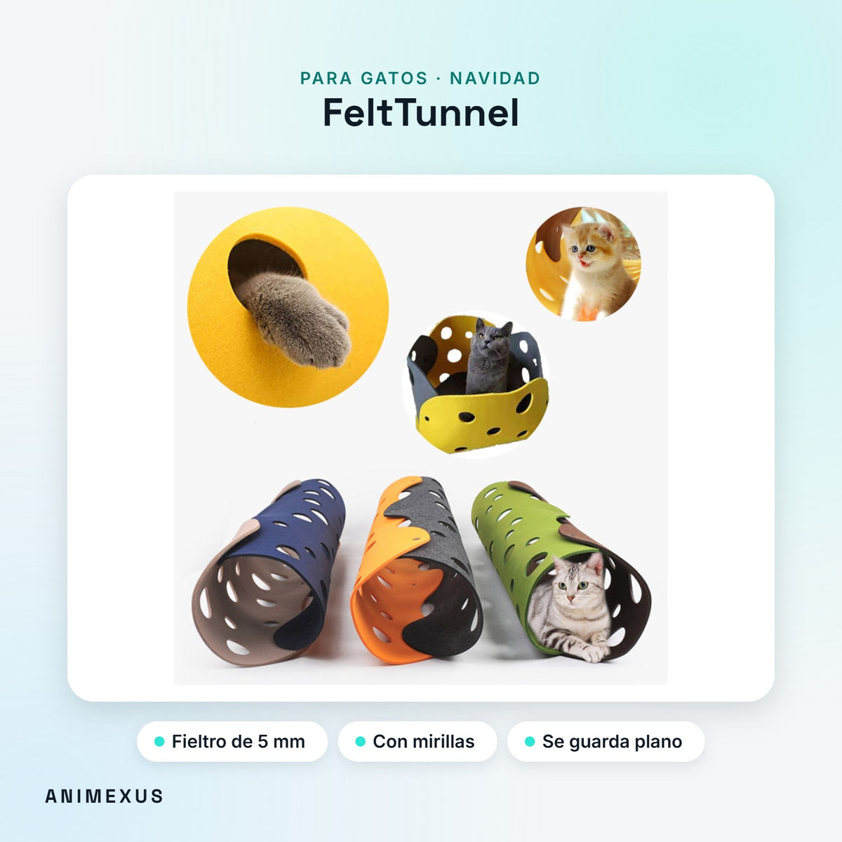 FeltTunnel, túneles de fieltro bicolor con mirillas y gatos jugando dentro