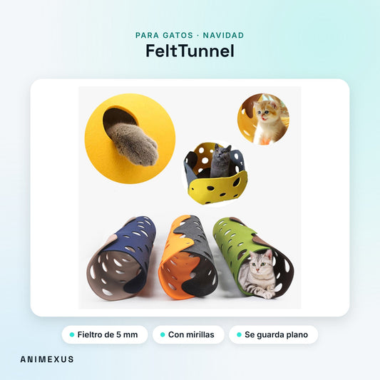 FeltTunnel, túneles de fieltro bicolor con mirillas y gatos jugando dentro