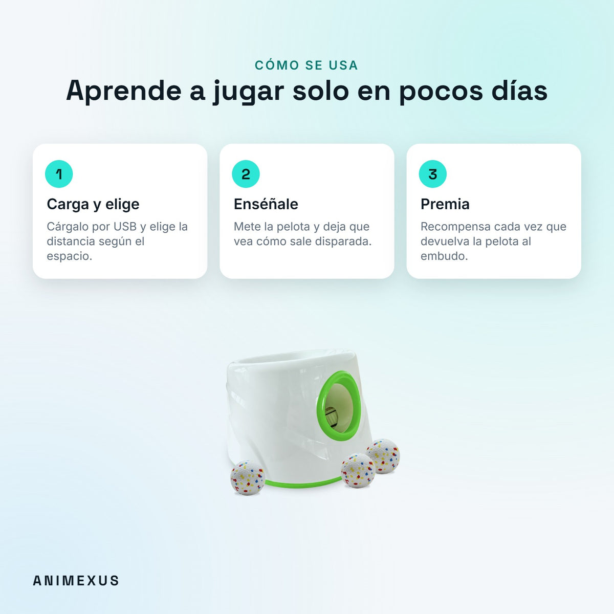 Cómo usar FetchGo: cargar y elegir distancia, enseñar a tu perro cómo sale la pelota y premiar cada devolución