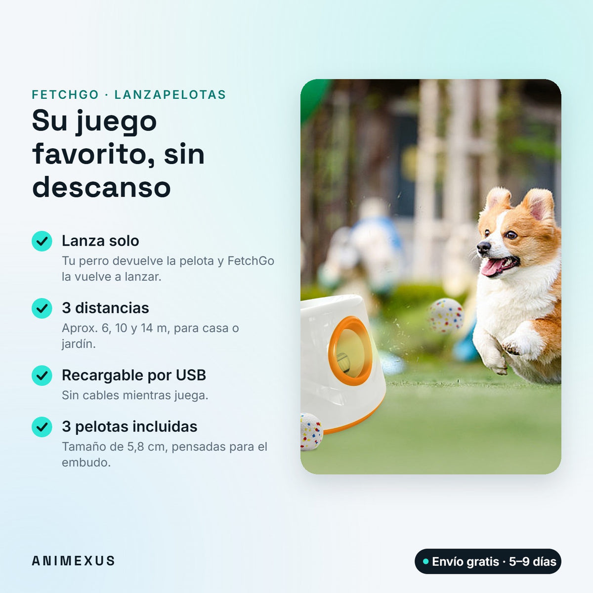 FetchGo, lanzapelotas automático para perros: lanza solo, 3 distancias, recargable por USB y 3 pelotas incluidas