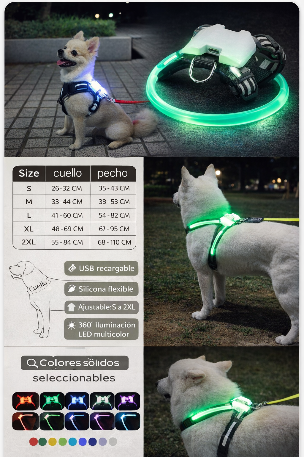 Infografía detallada del arnés luminoso LED para perros. Muestra la guía de tallas desde la S a la 2XL con medidas de cuello y pecho, características destacadas como carga USB y material de silicona flexible, y la paleta con los distintos colores de iluminación disponibles.