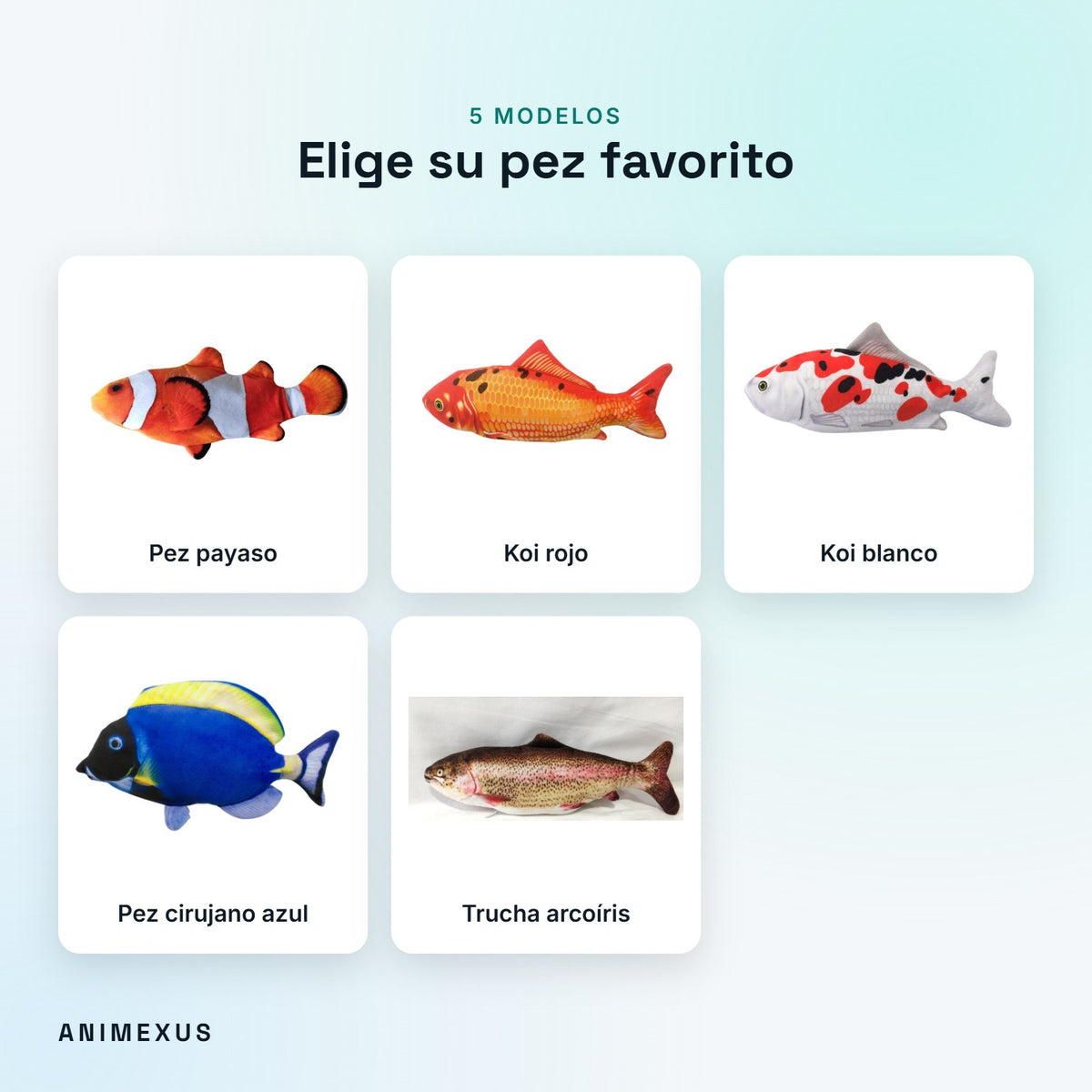 Los 5 modelos de KickFish: pez payaso, koi rojo, koi blanco, pez cirujano azul y trucha arcoíris
