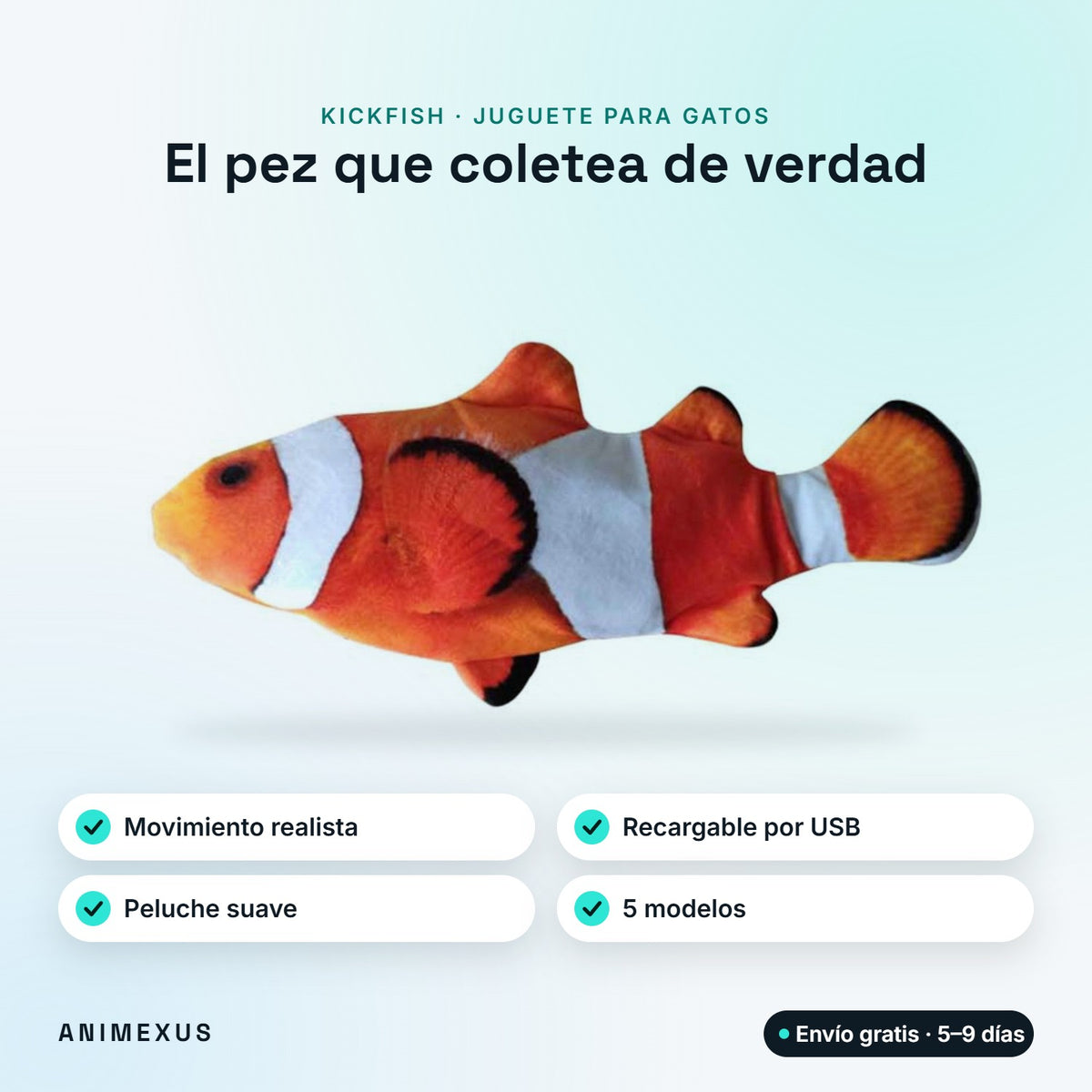 KickFish, pez de peluche interactivo para gatos que coletea de forma realista, recargable por USB, disponible en 5 modelos