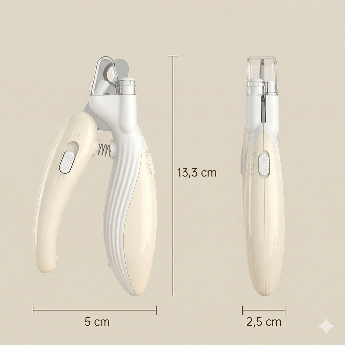 Infografía con las dimensiones exactas del cortaúñas TrimLight Pro: 13,3 cm de alto, 5 cm de ancho y 2,5 cm de grosor.