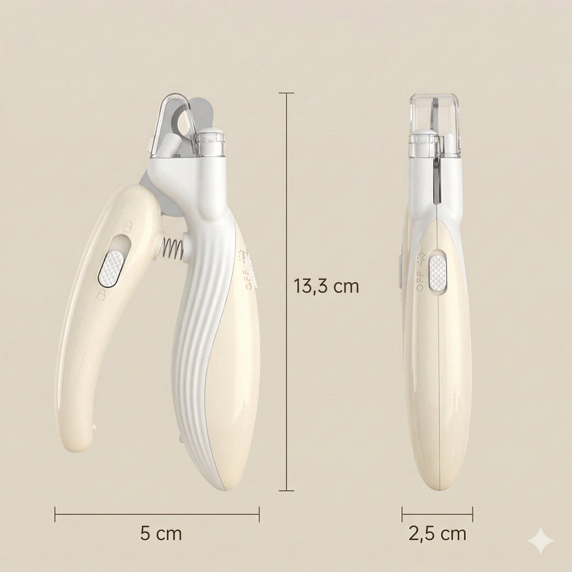 Infografía con las dimensiones exactas del cortaúñas TrimLight Pro: 13,3 cm de alto, 5 cm de ancho y 2,5 cm de grosor.