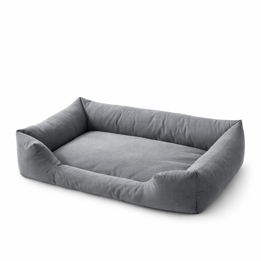 NestWarm Bed (gris): cama lavable para perro sobre fondo blanco