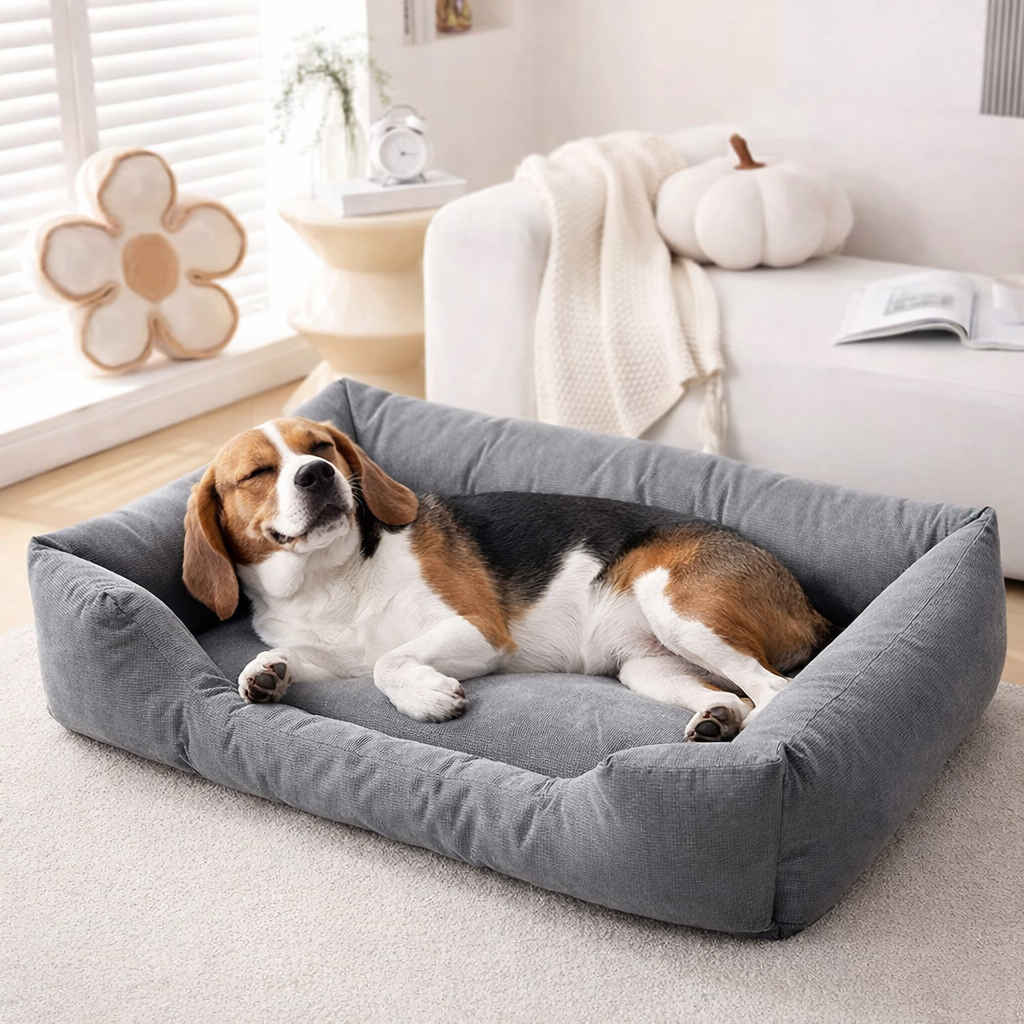 Perro descansando en la cama gris NestWarm Bed en interior