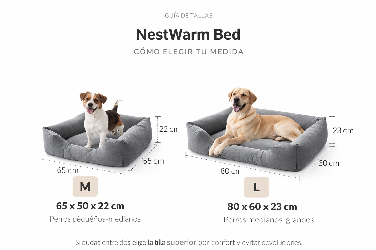 Guía de tallas NestWarm Bed: comparativa M 65×50×22 cm y L 80×60×23 cm