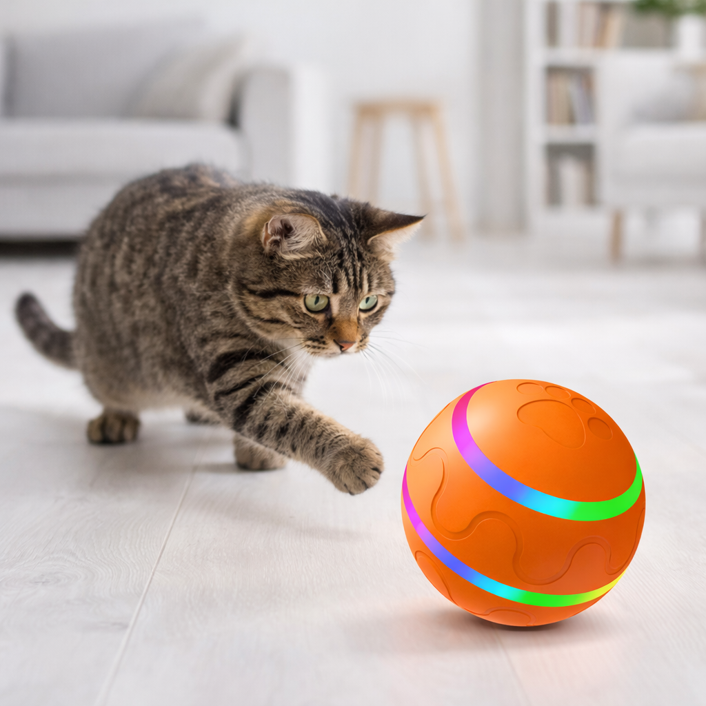 Gato jugando en interior con OrbitBall Pro sobre suelo liso