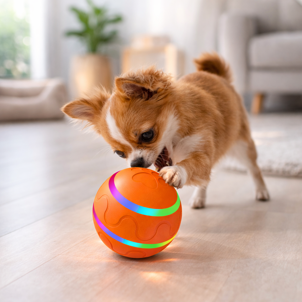 Perro pequeño jugando en interior con OrbitBall Pro (uso supervisado)