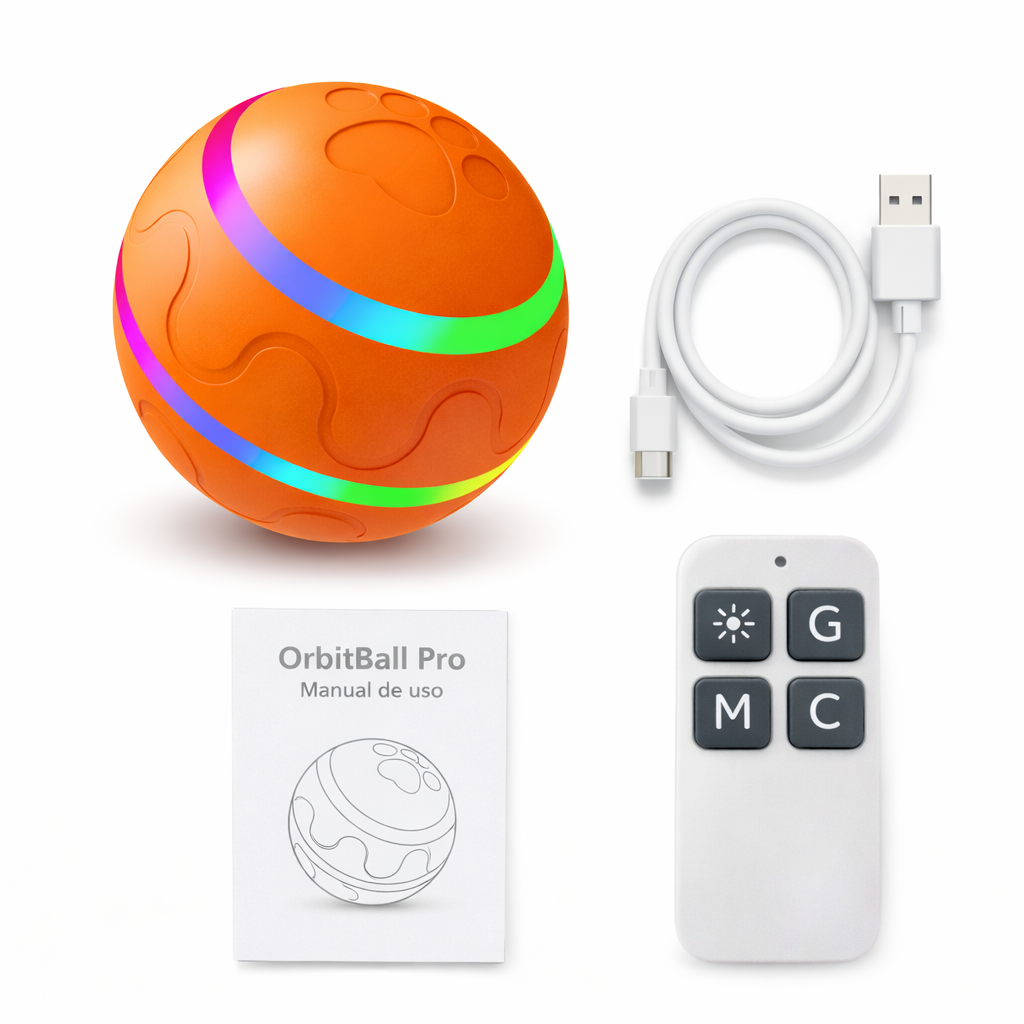 Contenido del pack OrbitBall Pro: pelota, cable y manual; mando según versión